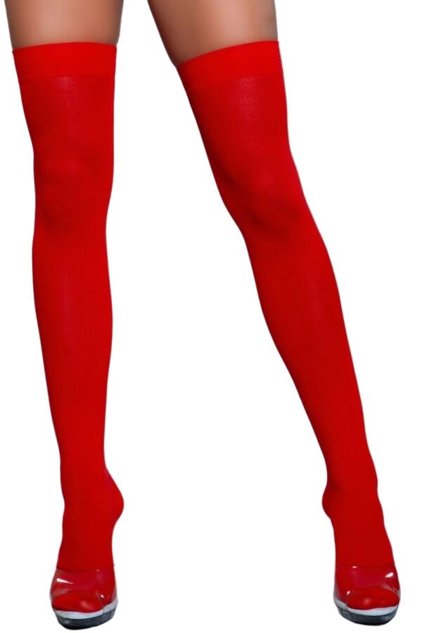 Opaque Nylon Thigh Highs Stay-Up Comfort 43 Opaque Nylon Thigh Highs Stay-Up Comfort LuckeLadybug LLC red Opaque Nylon Thigh Highs on model legs with wide silicone top band and high heels