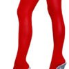 LuckeLadybug LLC red Opaque Nylon Thigh Highs worn on model legs with elastic top band and clear platform heels
