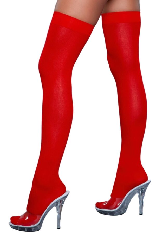 Opaque Nylon Thigh Highs Stay-Up Comfort 44 Opaque Nylon Thigh Highs Stay-Up Comfort LuckeLadybug LLC red Opaque Nylon Thigh Highs worn on model legs with elastic top band and clear platform heels