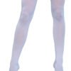 LuckeLadybug LLC white Opaque Nylon Thigh Highs on model with wide top band and open toe heels