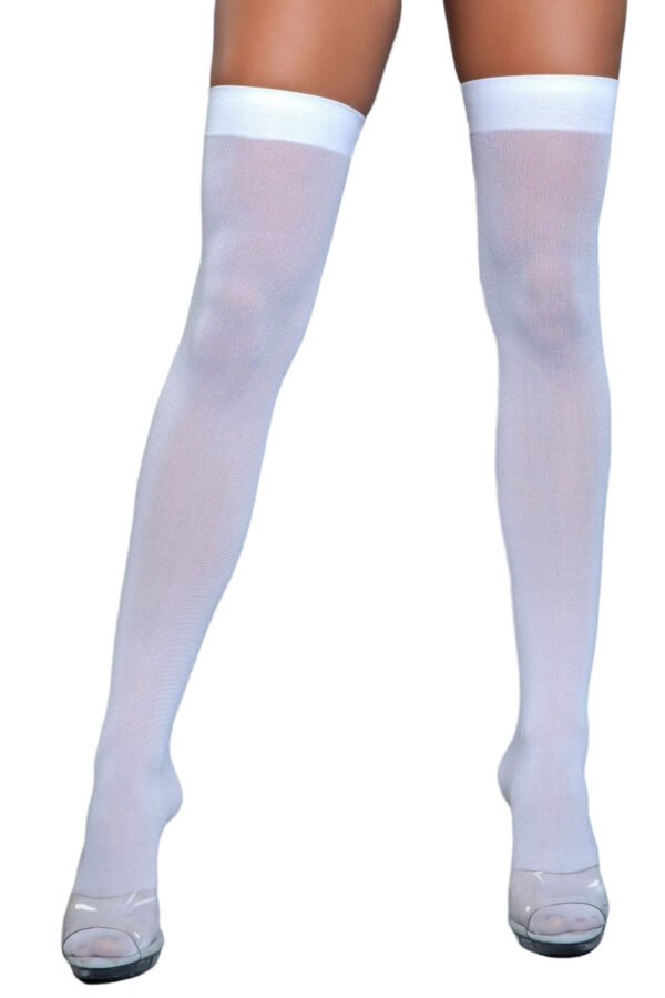 Opaque Nylon Thigh Highs Stay-Up Comfort 47 Opaque Nylon Thigh Highs Stay-Up Comfort LuckeLadybug LLC white Opaque Nylon Thigh Highs on model with wide top band and open toe heels