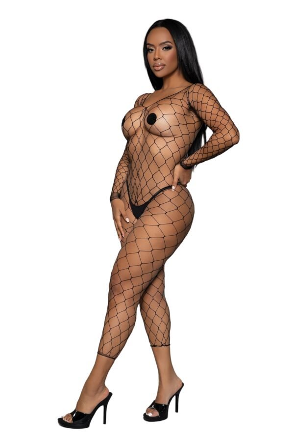 Black Fishnet Bodystocking For Women 6 Black Fishnet Bodystocking For Women Model wearing LuckeLadybug LLC black fishnet bodystocking for women with long sleeves crop ankle and heels