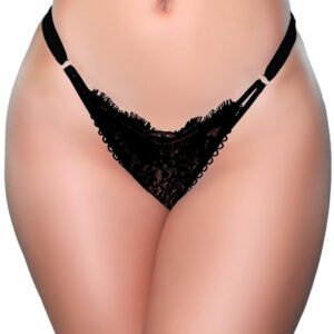 LuckeLadybug womens thong 3 pack black lace triangle front with adjustable side straps on model