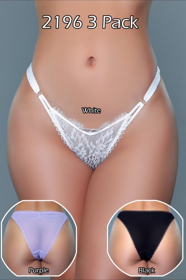 LuckeLadybug LLC womens thong 3 pack white lace thong on model with purple and black inset images
