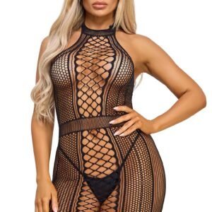 LuckeLadybug LLC black fishnet bodystocking halter with geometric pattern and fitted silhouette Bodycon Mini Dress for nightwear