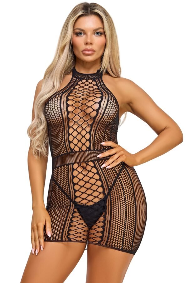 Sheer Fishnet Bodycon Mini Dress 1 Sheer Fishnet Bodycon Mini Dress LuckeLadybug LLC black fishnet bodystocking halter with geometric pattern and fitted silhouette Bodycon Mini Dress for nightwear