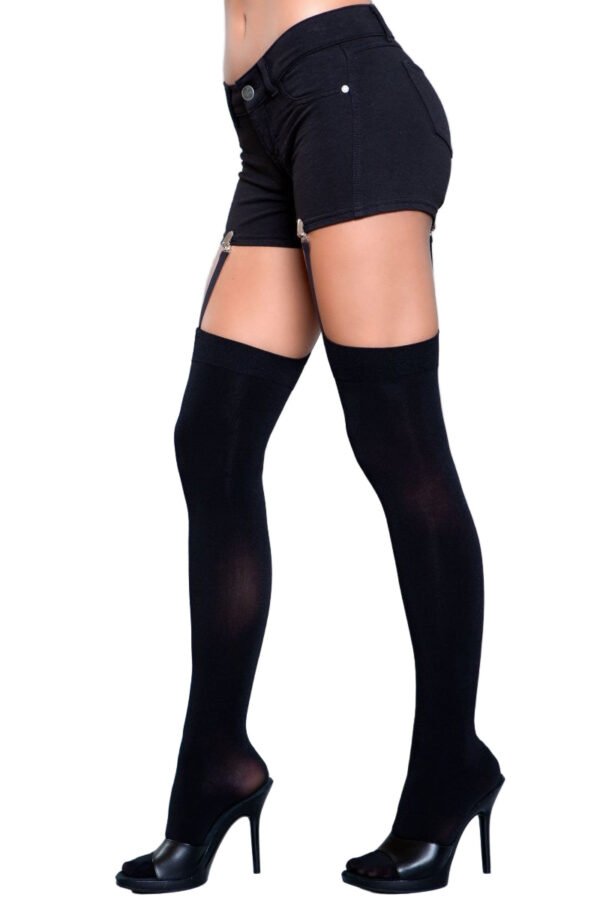 Hanging On Clip Garter Thigh Highs Black 6 Hanging On Clip Garter Thigh Highs Black LuckeLadybug LLC Hanging On Clip Garter Thigh Highs black thigh highs with garter clips attached to shorts and heels