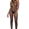 LuckeLadybug LLC black geometric fishnet halter full body open bust thong nightwear lingerie bodystocking