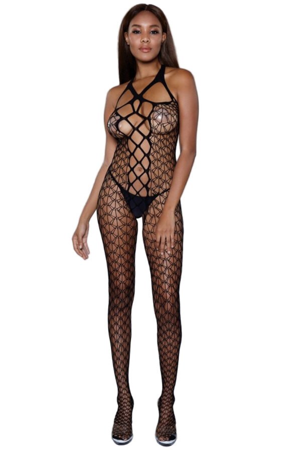 Black Nightwear Lingerie Bodystocking 5 Black Nightwear Lingerie Bodystocking LuckeLadybug LLC black geometric fishnet halter full body open bust thong nightwear lingerie bodystocking