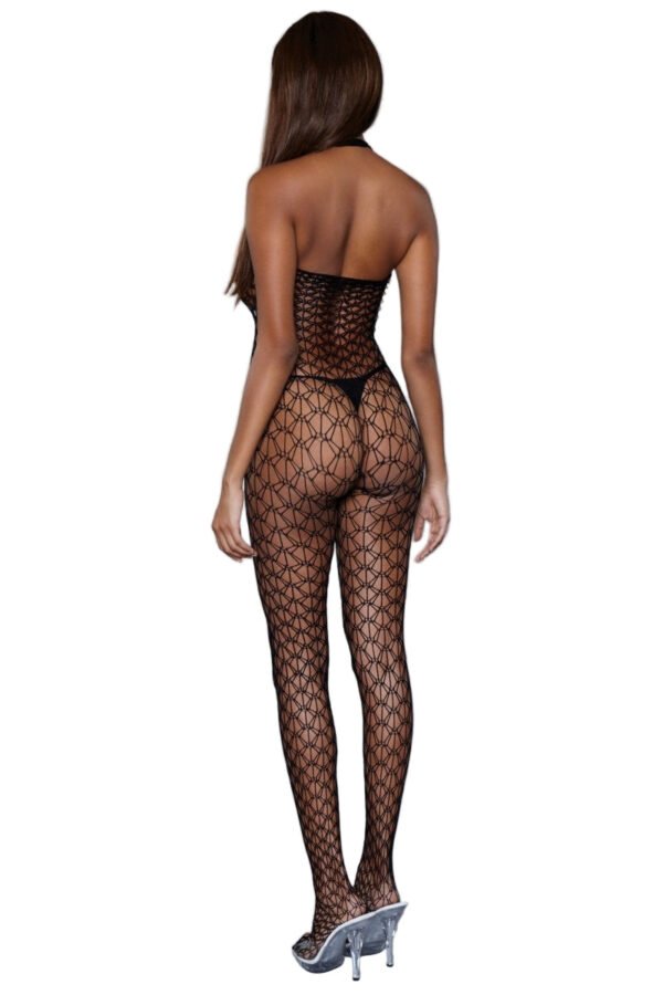 Black Nightwear Lingerie Bodystocking 6 Black Nightwear Lingerie Bodystocking LuckeLadybug LLC strapless black patterned nightwear lingerie bodystocking showing rear sheer geometric design and high heels