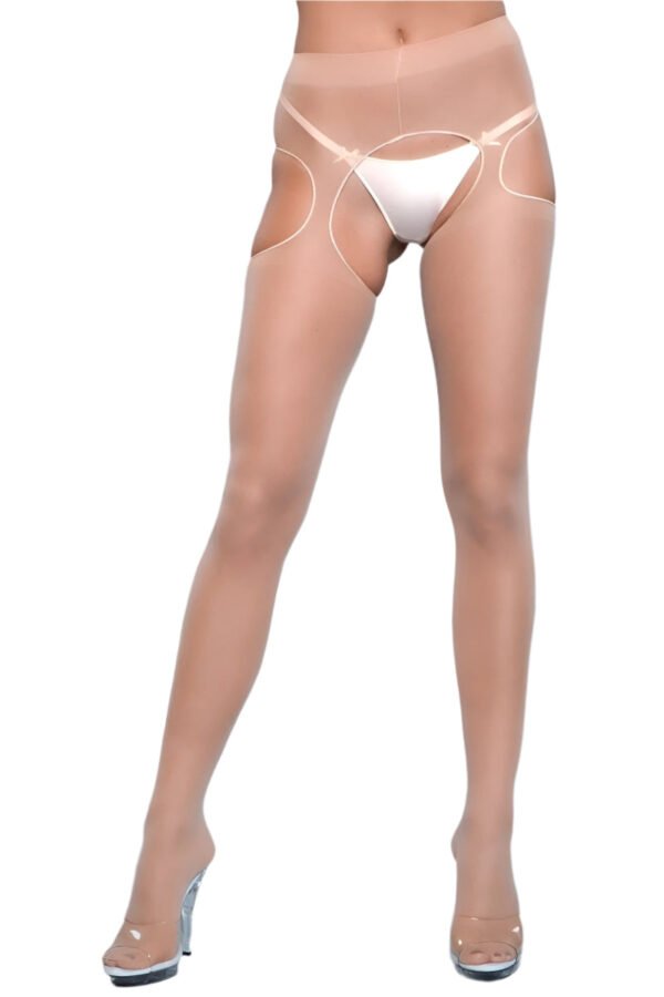 Suspender Pantyhose Sheer Hosiery Trendy 10 Suspender Pantyhose Sheer Hosiery Trendy LuckeLadybug LLC sheer suspender pantyhose with garter-style cutouts and nude color on model legs