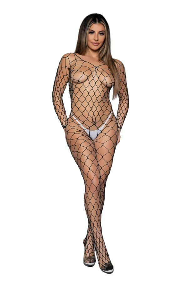 See-Through Lingerie Bodystocking Fishnet 21 See-Through Lingerie Bodystocking Fishnet LuckeLadybug LLC see-through lingerie bodystocking black fishnet diamond pattern full body with long sleeves wearing white thong