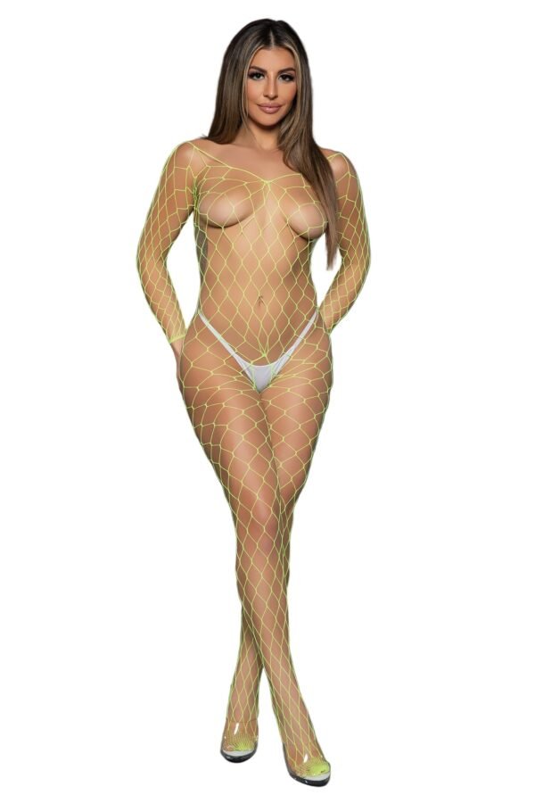 See-Through Lingerie Bodystocking Fishnet 22 See-Through Lingerie Bodystocking Fishnet LuckeLadybug LLC neon yellow fishnet see-through lingerie bodystocking on model with long sleeves