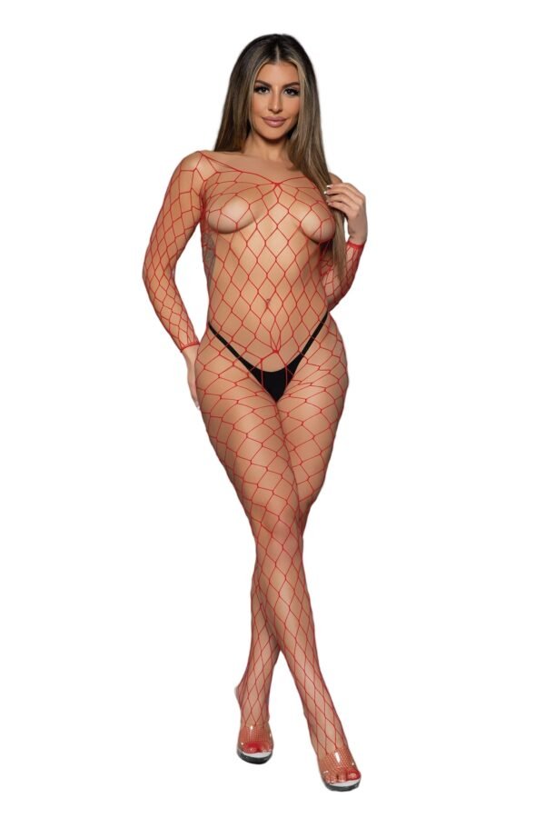 See-Through Lingerie Bodystocking Fishnet 24 See-Through Lingerie Bodystocking Fishnet Model in red fishnet see-through lingerie bodystocking with black thong and clear heels on gray background
