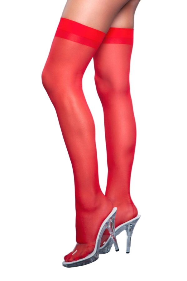 Favorite Day Thigh Highs Sheer Nude 12 Favorite Day Thigh Highs Sheer Nude LuckeLadybug LLC Favorite Day Thigh Highs red sheer thigh high stockings on model legs with clear heels