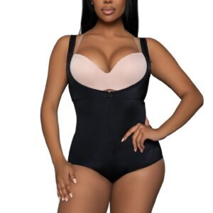 Model wearing LuckeLadybug LLC black bodysuit shaper for women with front zipper and adjustable straps