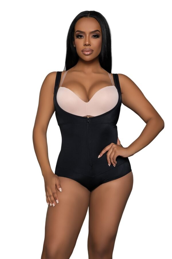 Tummy Control Bodysuit Shaper For Women 9 Tummy Control Bodysuit Shaper For Women Model wearing LuckeLadybug LLC black bodysuit shaper for women with front zipper and adjustable straps