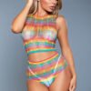 LuckeLadybug LLC model wearing bare it all mesh bodystocking rainbow striped sheer high waist two piece look