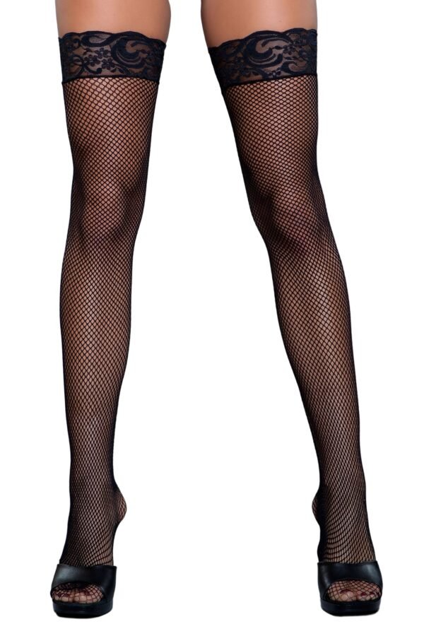 Hosiery Fishnet Thigh Highs With Lace Top 1 Hosiery Fishnet Thigh Highs With Lace Top LuckeLadybug LLC black fishnet thigh highs with lace tops on modeled legs showing open toe heels