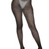 LuckeLadybug LLC black fishnet up all night fashion pantyhose on model with silver heels