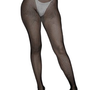 LuckeLadybug LLC black fishnet up all night fashion pantyhose on model with silver heels