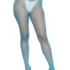 LuckeLadybug LLC blue fishnet up all night fashion pantyhose worn with white underwear and clear heels