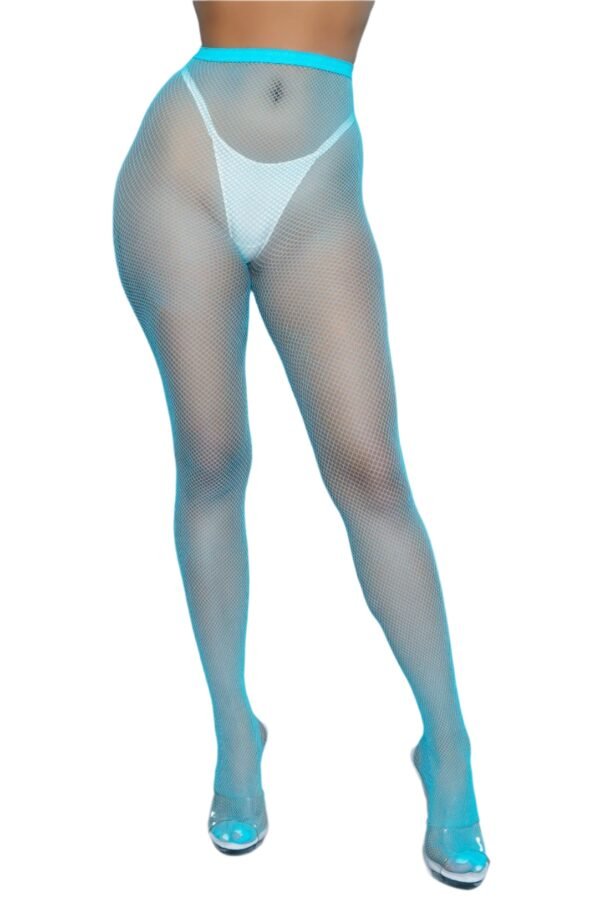 Up All Night Fashion Pantyhose Fishnet Tights 44 Up All Night Fashion Pantyhose Fishnet Tights LuckeLadybug LLC blue fishnet up all night fashion pantyhose worn with white underwear and clear heels