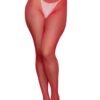Red fishnet hosiery from LuckeLadybug LLC styled as up all night fashion pantyhose on model legs
