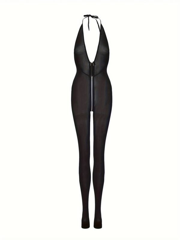 Sexy Semi-Sheer Mesh Bodystocking Set With Zipper & Deep V Halter Design 2 Sexy Semi-Sheer Mesh Bodystocking Set With Zipper & Deep V Halter Design Back View of Sexy Semi-Sheer Mesh Bodystocking Set