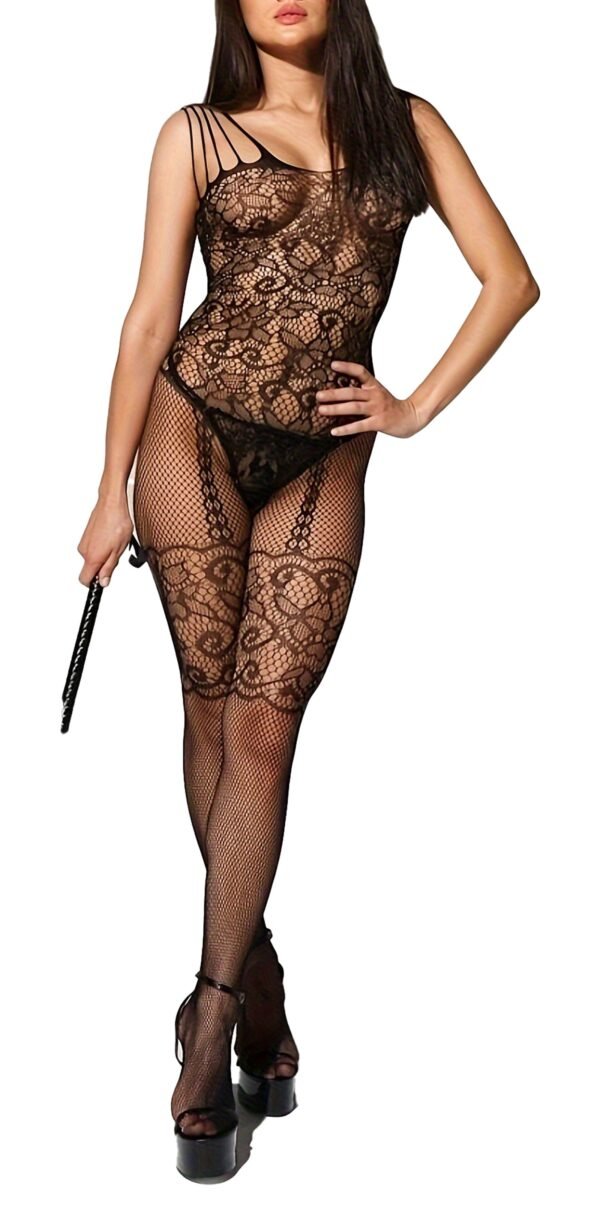 Sexy Semi-Sheer Jacquard Knit Bodysuit With Floral Pattern & Open Crotch 4 Sexy Semi-Sheer Jacquard Knit Bodysuit With Floral Pattern & Open Crotch Close-Up of Open Crotch Feature on Bodysuit