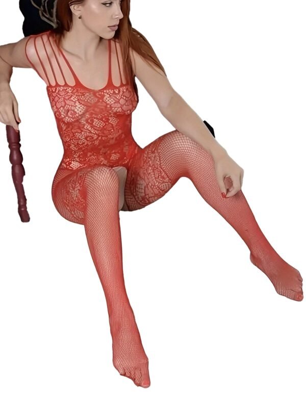 Side View of Red Hot Fishnet Bodystocking with Open Crotch
