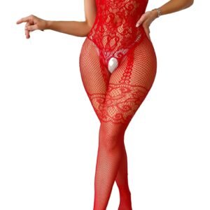 Front View of Red Hot Fishnet Bodystocking with Open Crotch