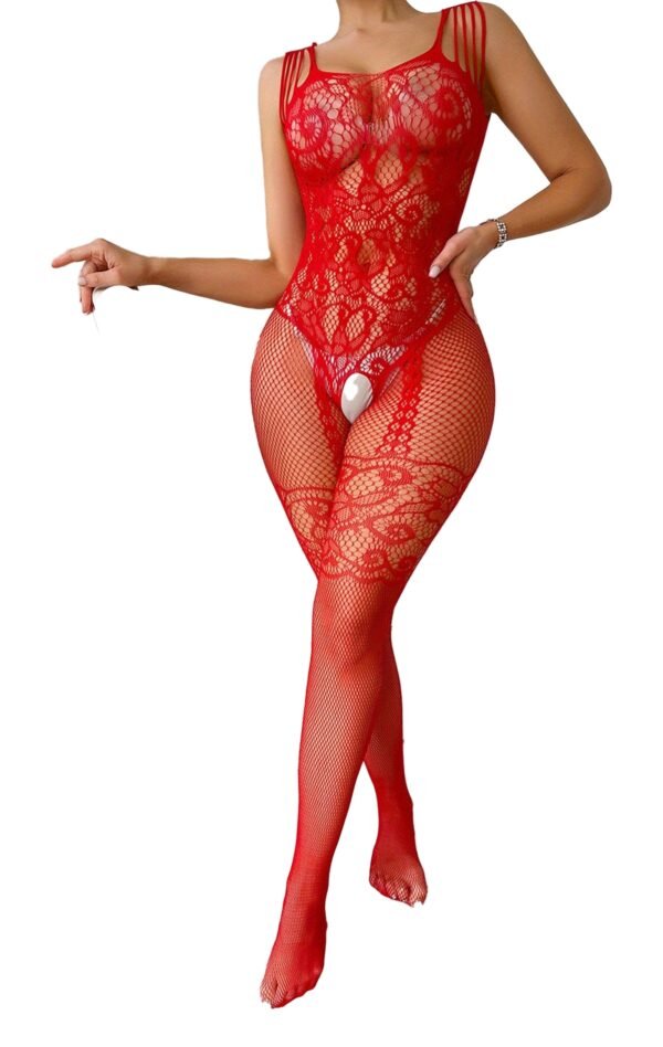 Front View of Red Hot Fishnet Bodystocking with Open Crotch
