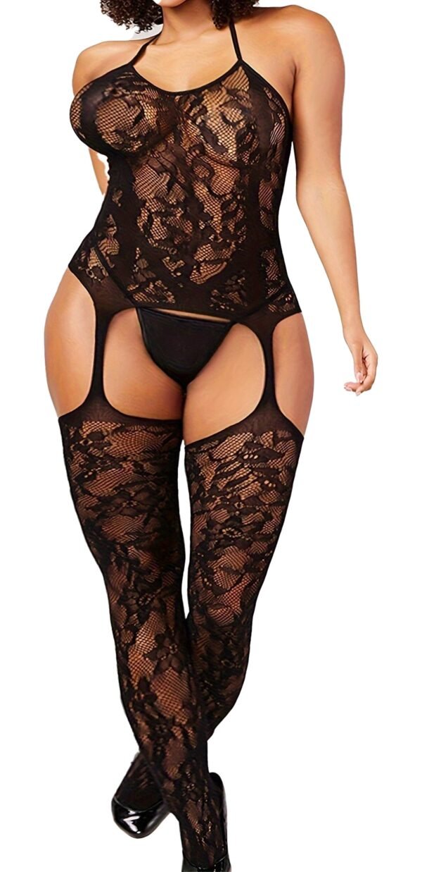 Plus Size Open Crotch Bodystocking Lingerie - Stretchy Black Fishnet One-Piece 11 Plus Size Open Crotch Bodystocking Lingerie - Stretchy Black Fishnet One-Piece Close-Up Of Plus Size Open Crotch Bodystocking Lingerie