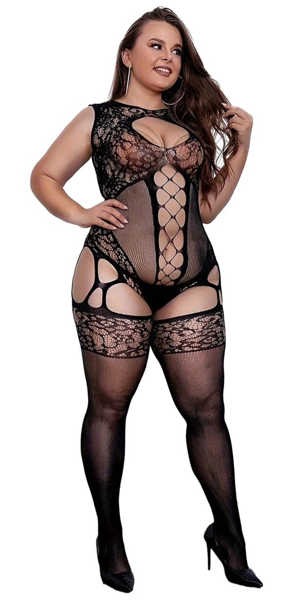Front View of Plus Size Women's Sexy Fishnet Bodystocking