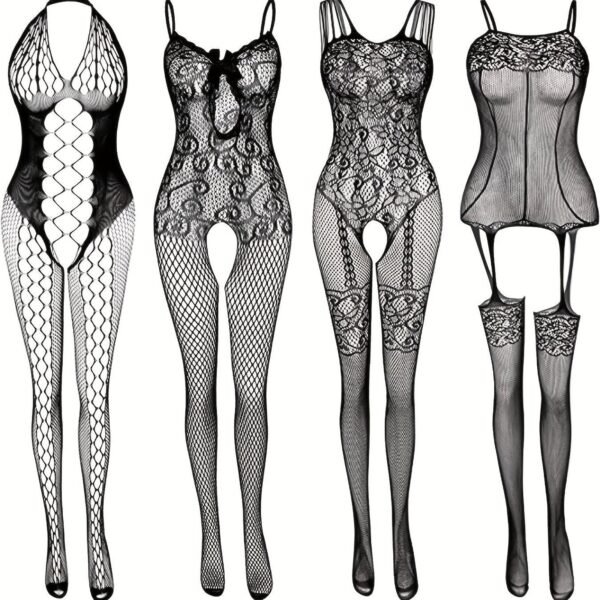 4-Pack Fishnet Bodystocking Set With Jacquard Design & Open Crotch - Women's 13 4-Pack Fishnet Bodystocking Set With Jacquard Design & Open Crotch - Women's 4-Pack Fishnet Bodystocking Set with Jacquard Design & Open Crotch