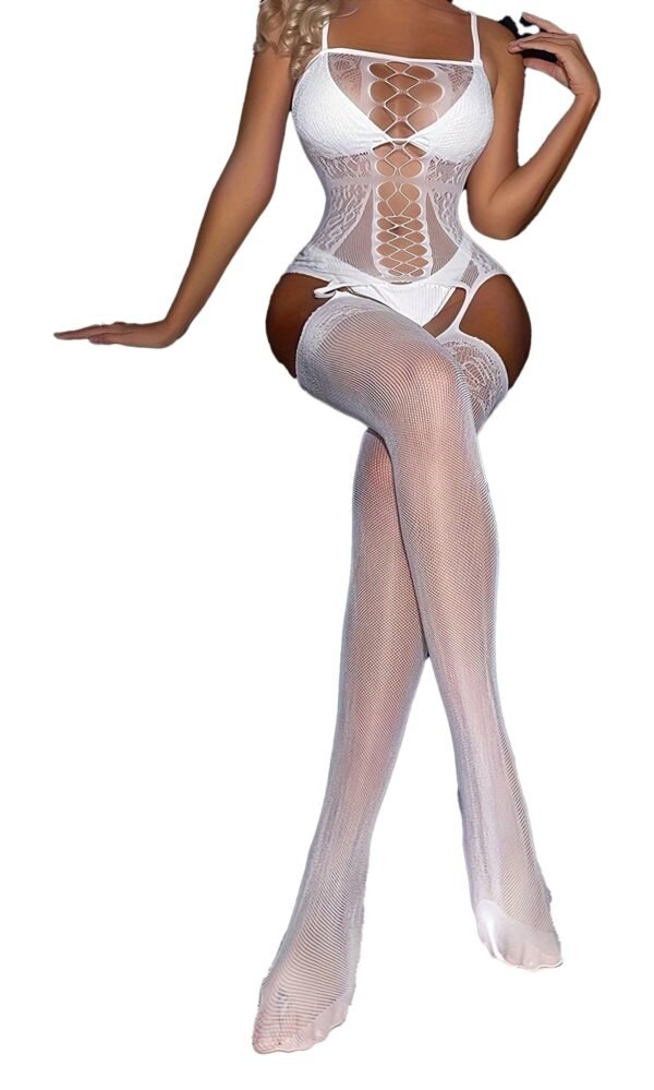 Floral Lace Backless Bodystocking With Accessories