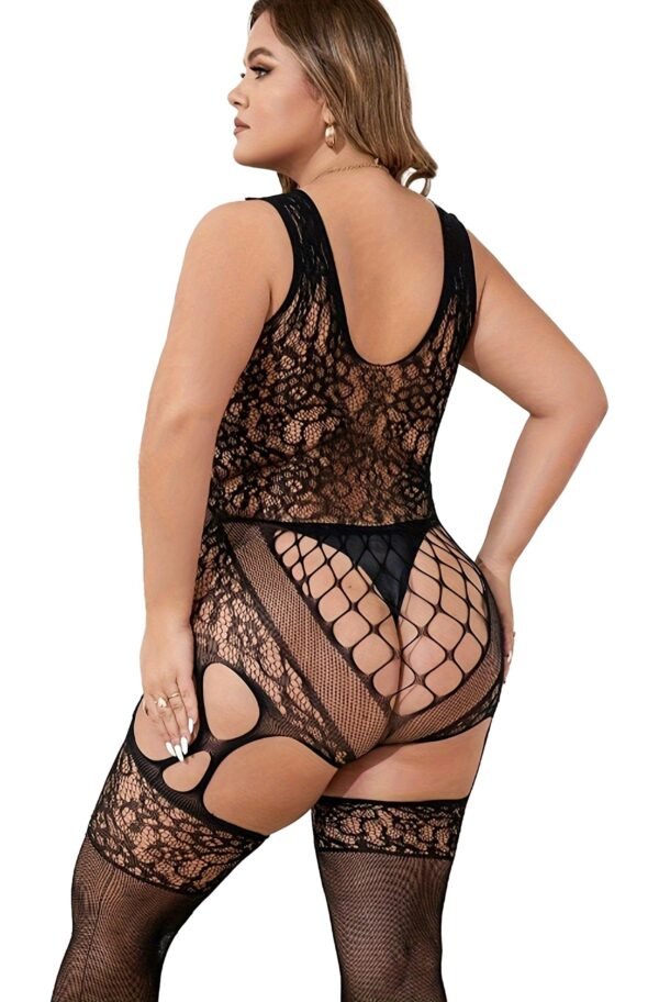 Plus Size Women's Sexy Cut-Out Fishnet Bodystocking with Semi-Sheer