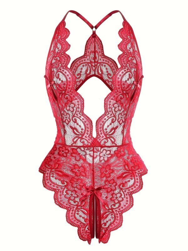 Sultry Floral Lace Bodysuit - Backless, Semi-Sheer, Open Crotch Women's Lingerie 4 Sultry Floral Lace Bodysuit - Backless, Semi-Sheer, Open Crotch Women's Lingerie Sultry Floral Lace Bodysuit - Backless, Semi-Sheer, Open Crotch