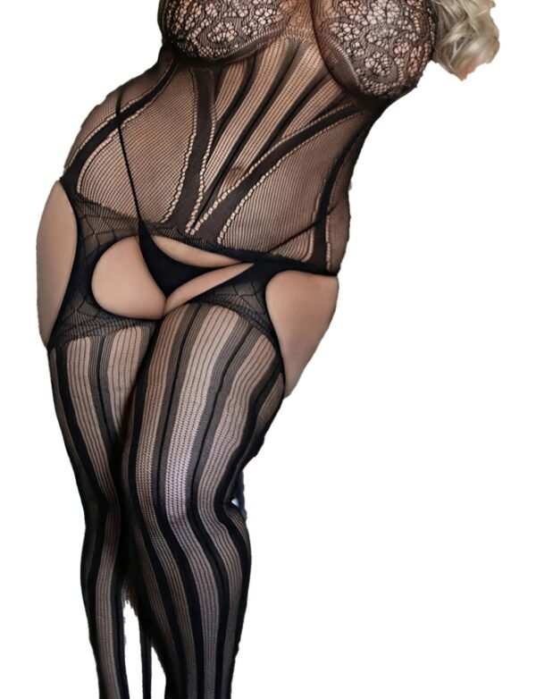 Model Wearing Plus Size Women's Sheer Crotchless Bodystocking