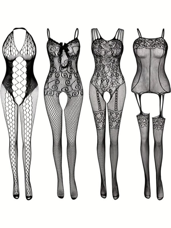 4-Pack Fishnet Bodystocking Set With Jacquard Design & Open Crotch - Women's 3 4-Pack Fishnet Bodystocking Set With Jacquard Design & Open Crotch - Women's 4-Pack Fishnet Bodystocking Set with Jacquard Design & Open Crotch