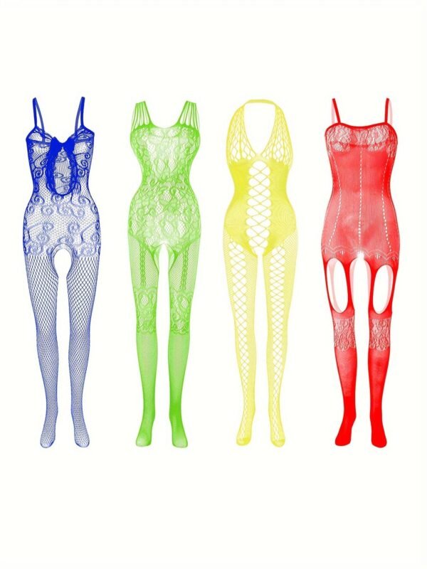 4-Pack Fishnet Bodystocking Set With Jacquard Design & Open Crotch - Women's 2 4-Pack Fishnet Bodystocking Set With Jacquard Design & Open Crotch - Women's 4-Pack Fishnet Bodystocking Set with Jacquard Design & Open Crotch