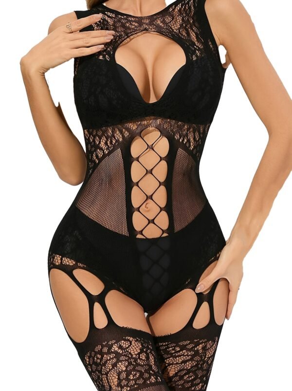 Plus Size Women's Sexy Cut-Out Fishnet Bodystocking with Semi-Sheer
