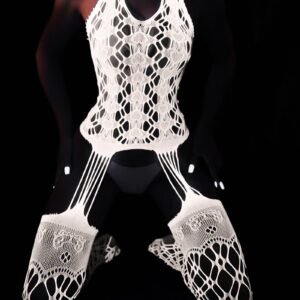 Front View of Luminous Carnaval Lace Halter Backless Bodystocking