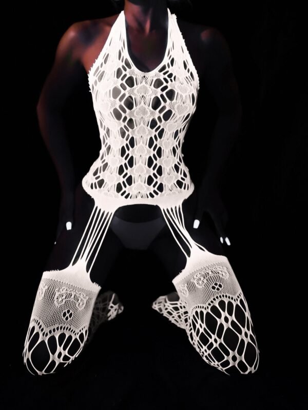 Front View of Luminous Carnaval Lace Halter Backless Bodystocking
