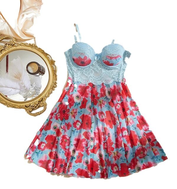 Lace Floral Babydoll Lingerie Set 6 Lace Floral Babydoll Lingerie Set Lace floral babydoll lingerie set in blue with vibrant red flowers and adjustable straps for a romantic look