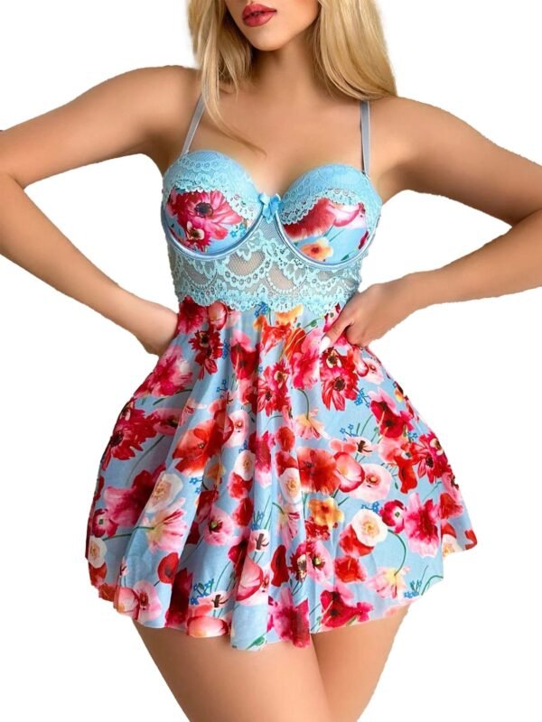 Lace Floral Babydoll Lingerie Set 3 Lace Floral Babydoll Lingerie Set Lace floral babydoll lingerie set in blue with vibrant floral patterns, featuring a fitted bodice and flared skirt.