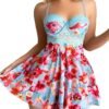 Lace floral babydoll lingerie set in light blue with vibrant floral design and adjustable straps