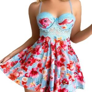 Lace floral babydoll lingerie set in light blue with vibrant floral design and adjustable straps