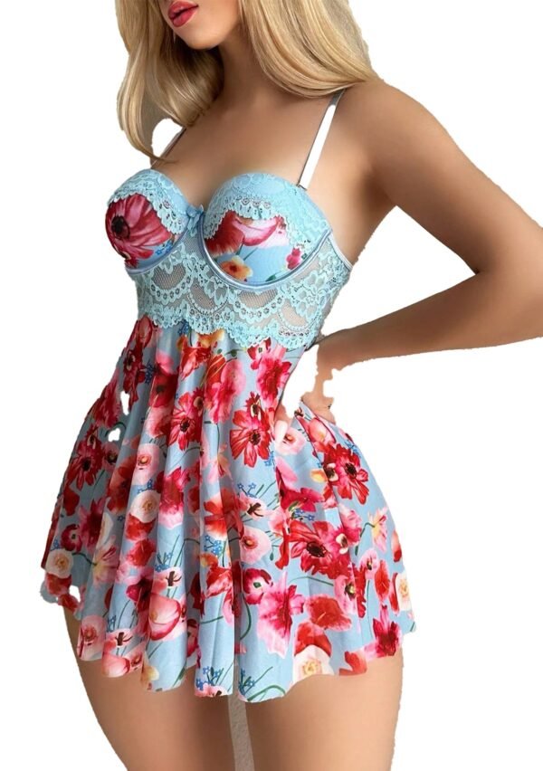 Lace Floral Babydoll Lingerie Set 5 Lace Floral Babydoll Lingerie Set Lace floral babydoll lingerie set in light blue with floral patterns and lace detailing for a romantic look
